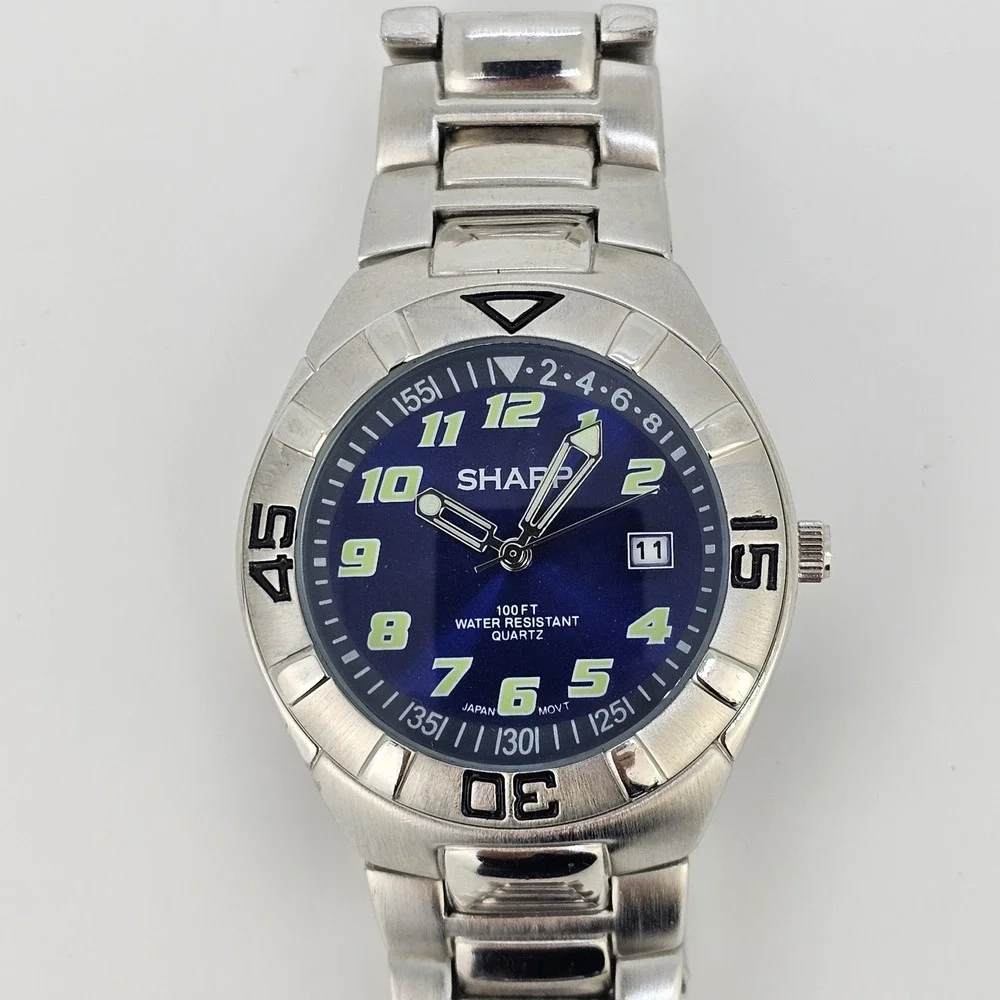 Sharp Analog Men's Watch 40MM Blue Dial Date Gray Bracelet Band 7.5